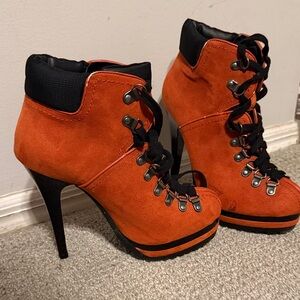 Orange Suede Lace-Up High Heel Ankle Boots